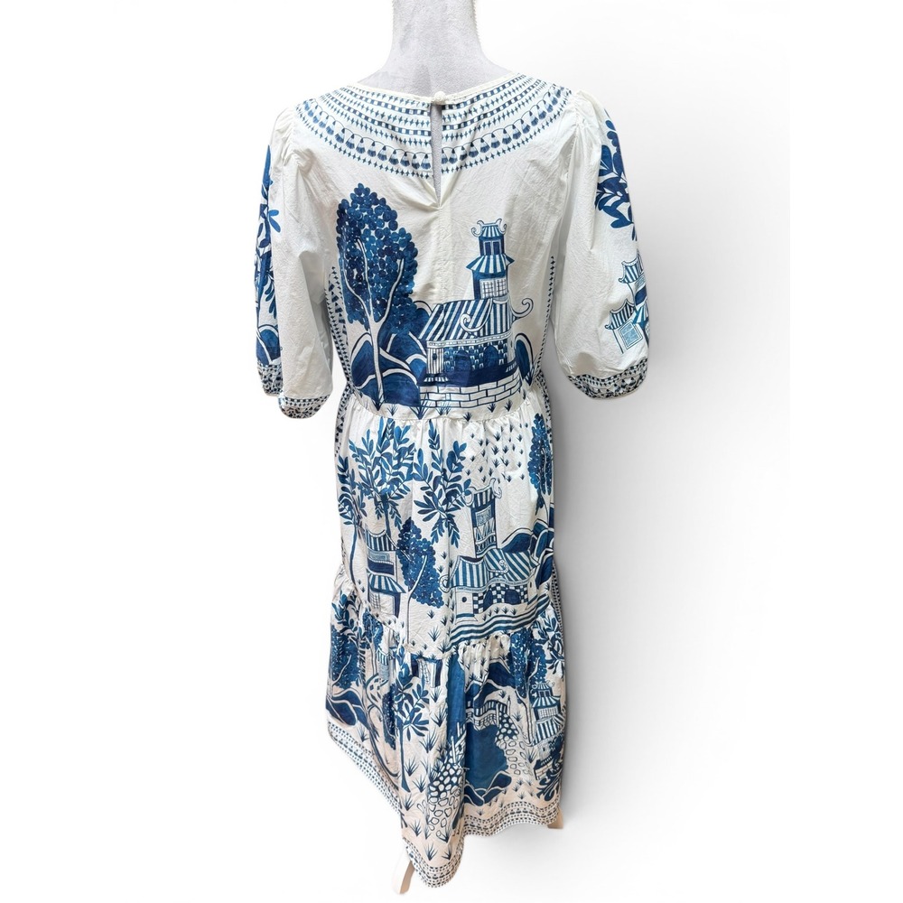 Farm Rio Ancient Garden Blue White Cotton Poplin Midi Dress L Cottagecore - Picture 5 of 13